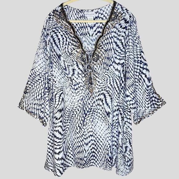 Soft Surroundings South Beach Beaded Blue Abstract Wave Cover-Up Tunic Size 1X - Picture 1 of 7